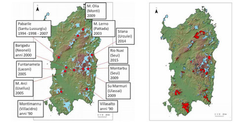 Cervo Sardo: zone di reintroduzione ed areali popolati